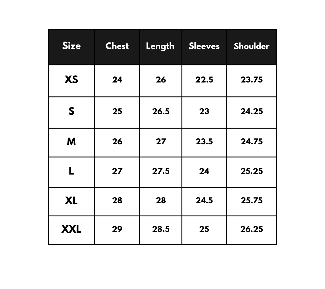 Shirted Pullover Size Chart