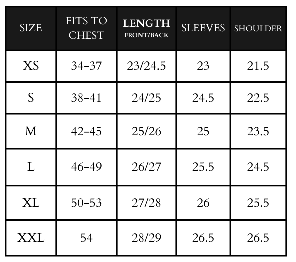 Veilborn Knit Crewneck tshirt Size Chart